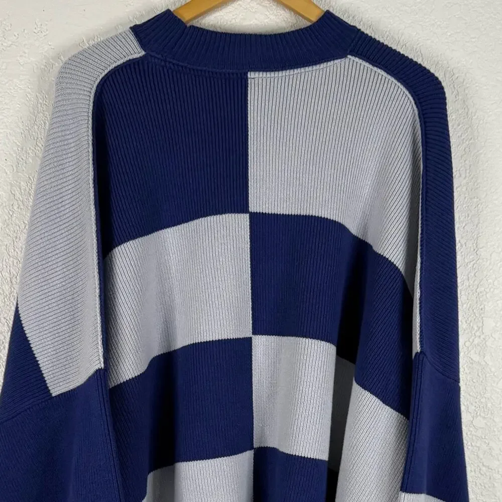 NWT Free People Easy Street Checkered Tunic Sweater in Blue Bohemian Oversized